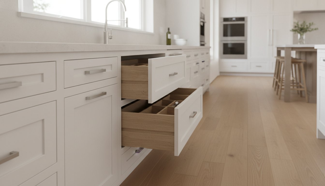Standard kitchen base cabinet sizes showing height, depth and toe-kick measurements