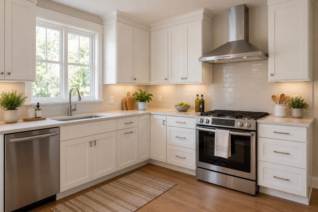 L-shaped kitchen with base and wall cabinets along two adjoining walls